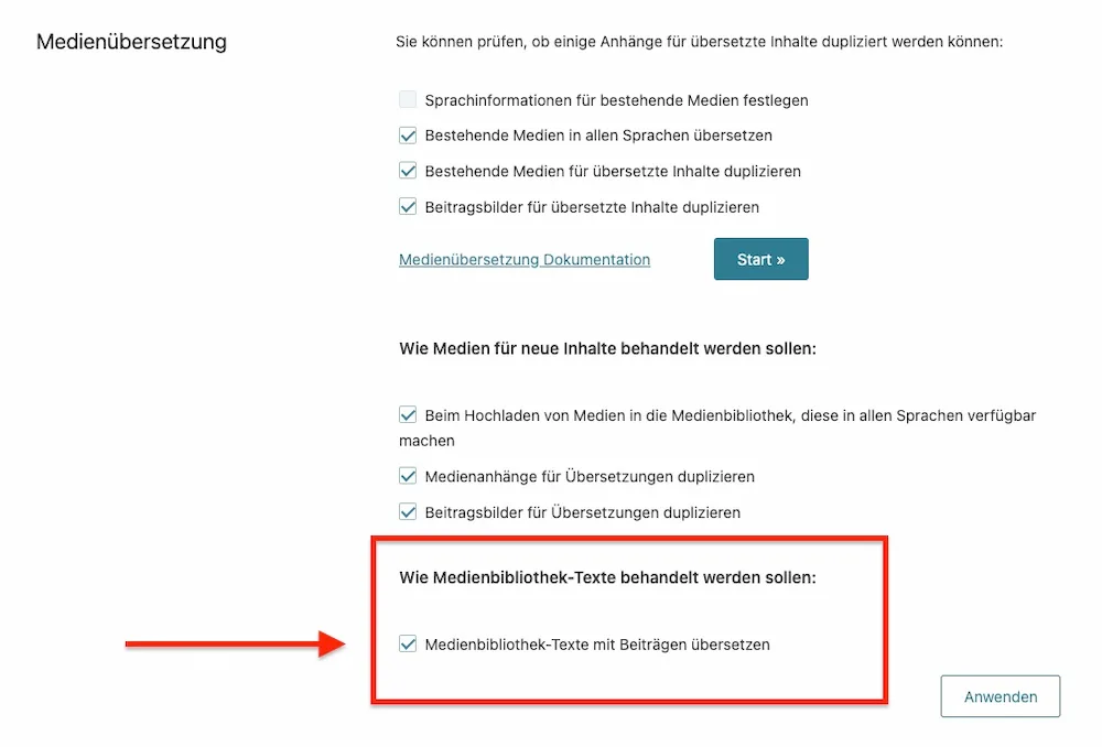 WPML Medienübersetzung - Einstellungen