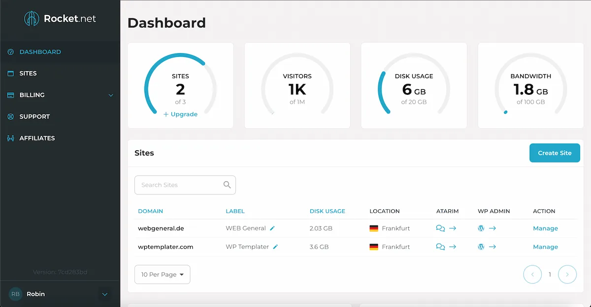 Rocket.net dashboard