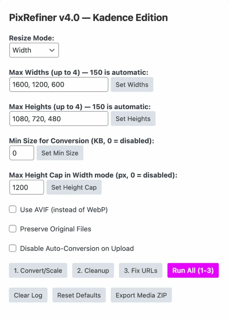 PixRefiner für Kadence Einstellungen